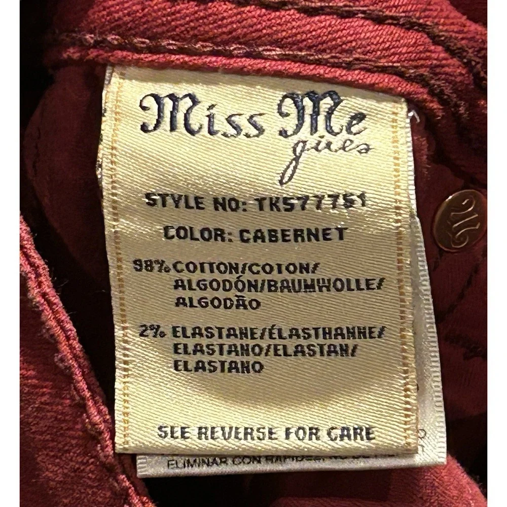 Miss Me Girls Jeans Signature Rise Skinny Red/Cabernet Flap Pockets Sz 12, NWT